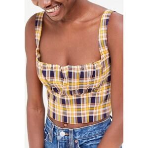 Capulet Chiara Ruched Crop Tank Top Yellow Plaid Square Neck Size XS